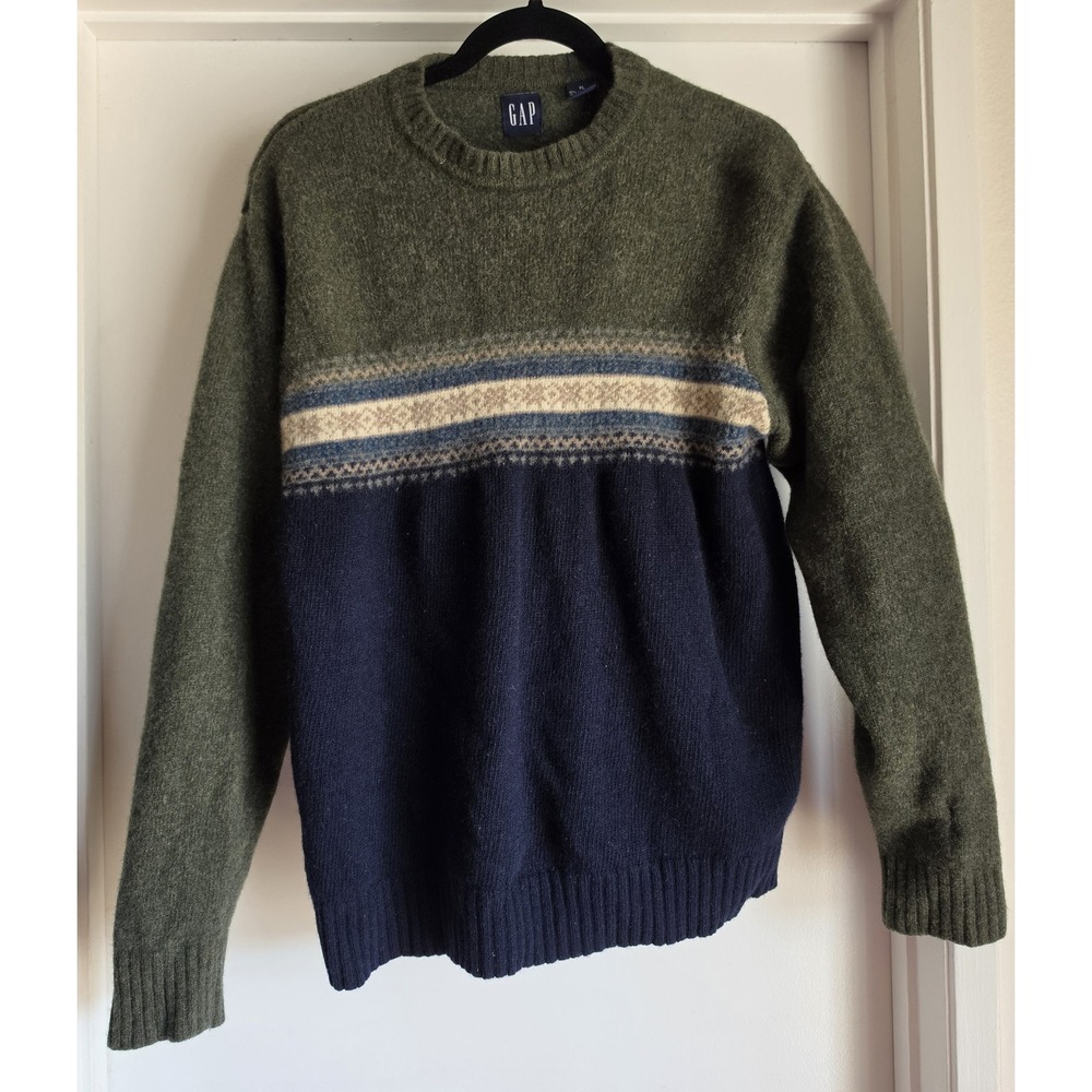 Gap Men XL Fair Isle Crew Neck Sweater Green Navy Long Sleeve Pullover Knit